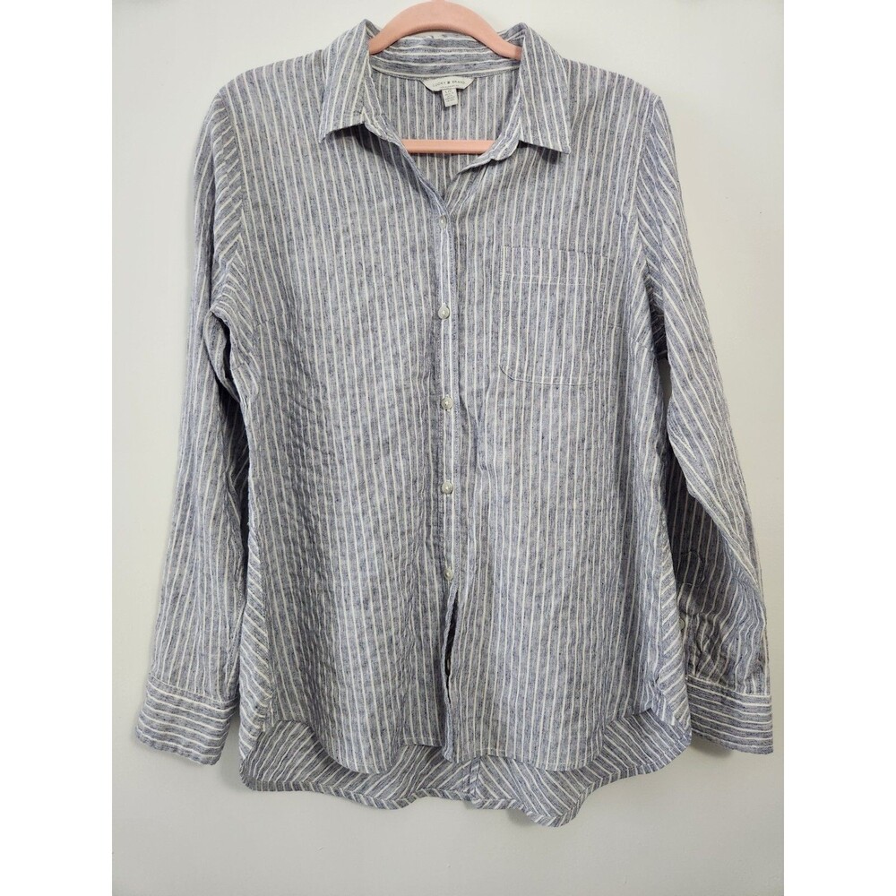 Lucky Brand Womens Sz S Blue White Stripe Chambray Button Up Long Sleeve Preppy